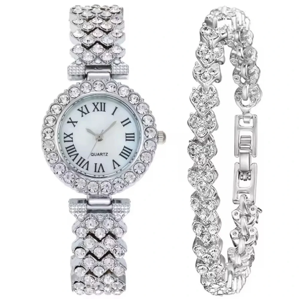 Roman Elegant Silver Crystal Bracelet Watch